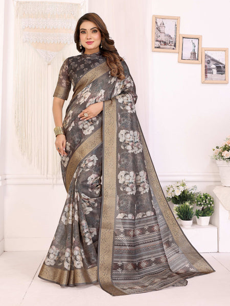 Sonakshi Women's Grey Mulberry Silk With Digital Prints Saree with Blouse
