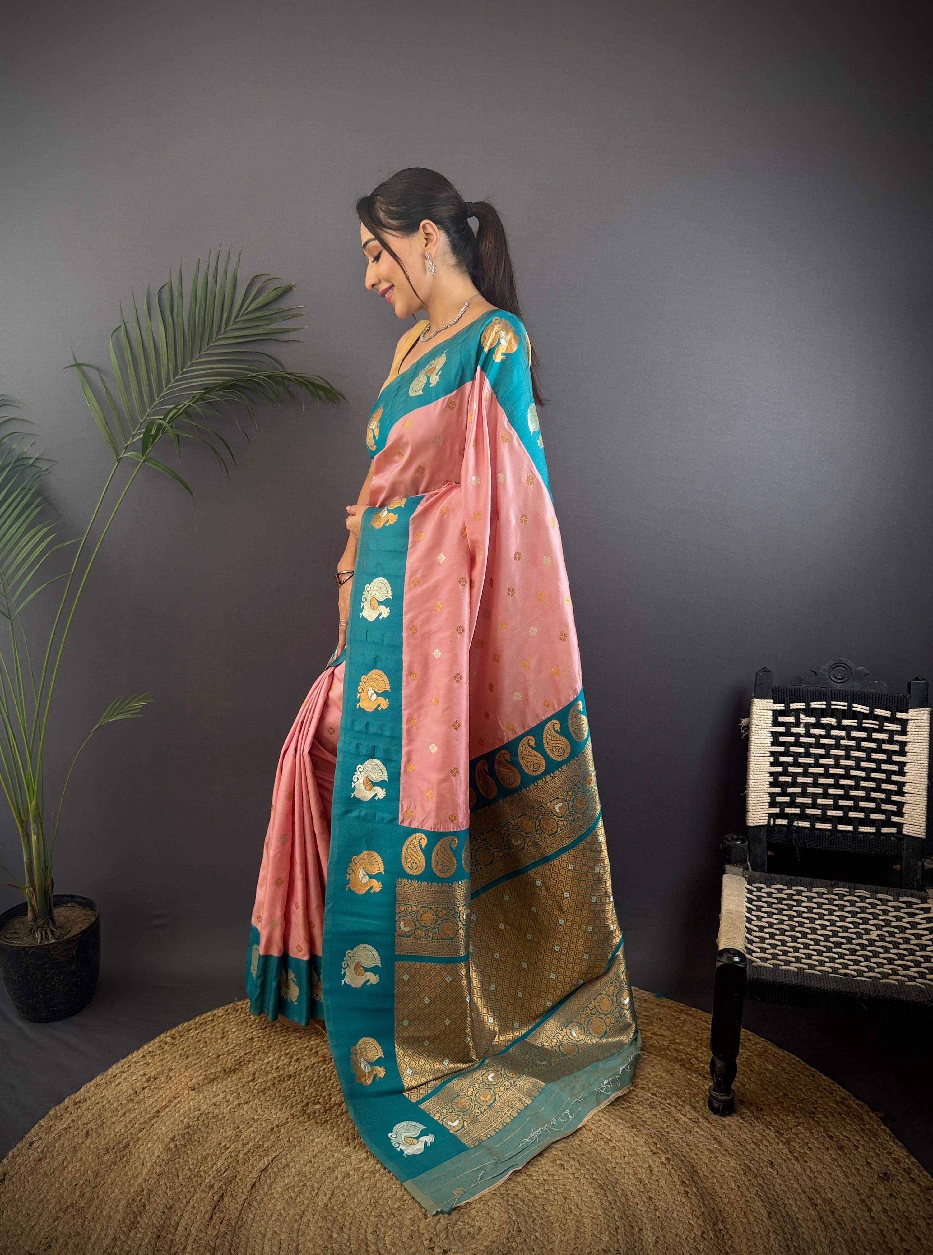 Sonakshi Women's Peach Banarasi Silk Zari Weaving Saree with Blouse