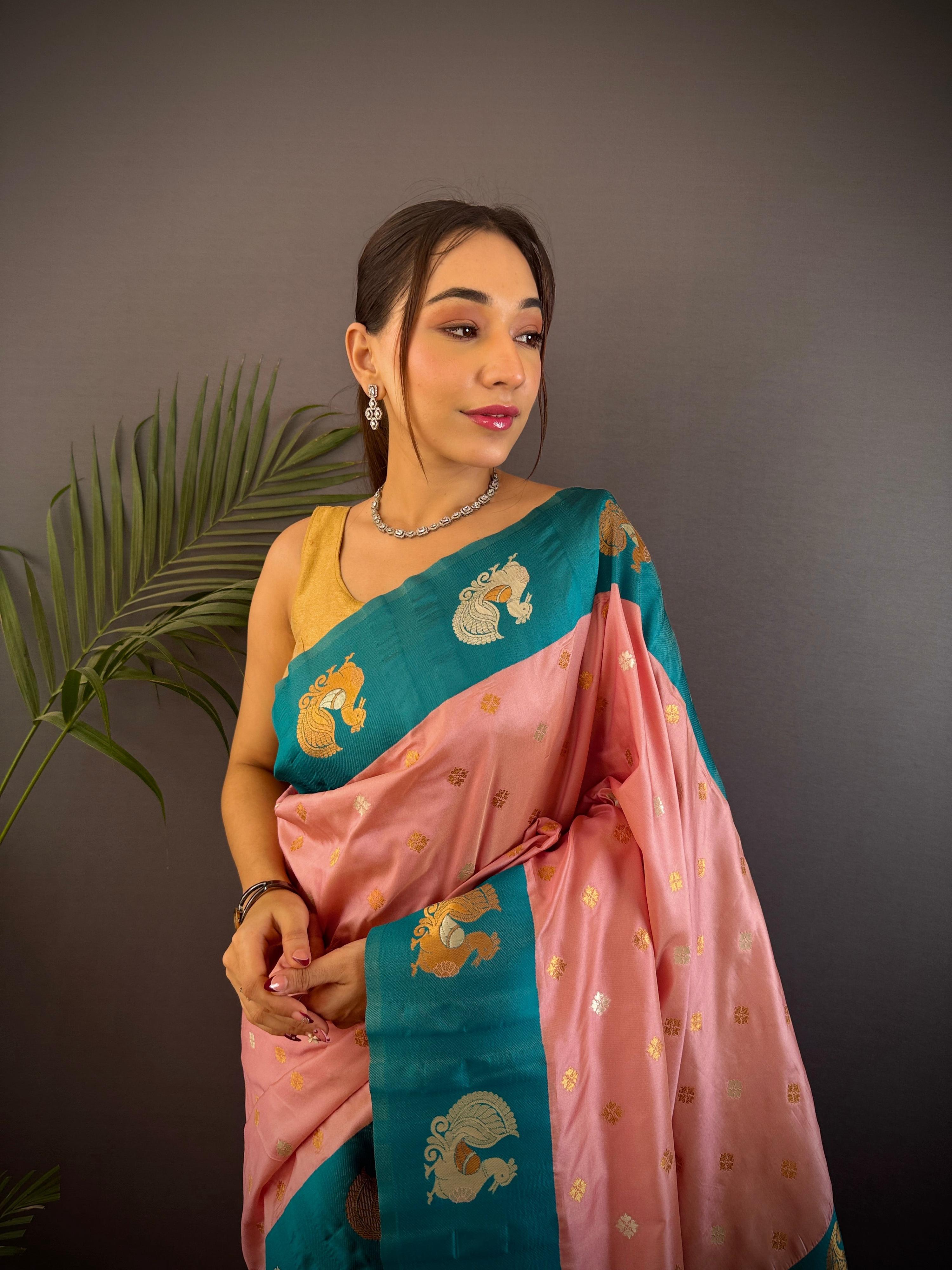 Sonakshi Women's Peach Banarasi Silk Zari Weaving Saree with Blouse
