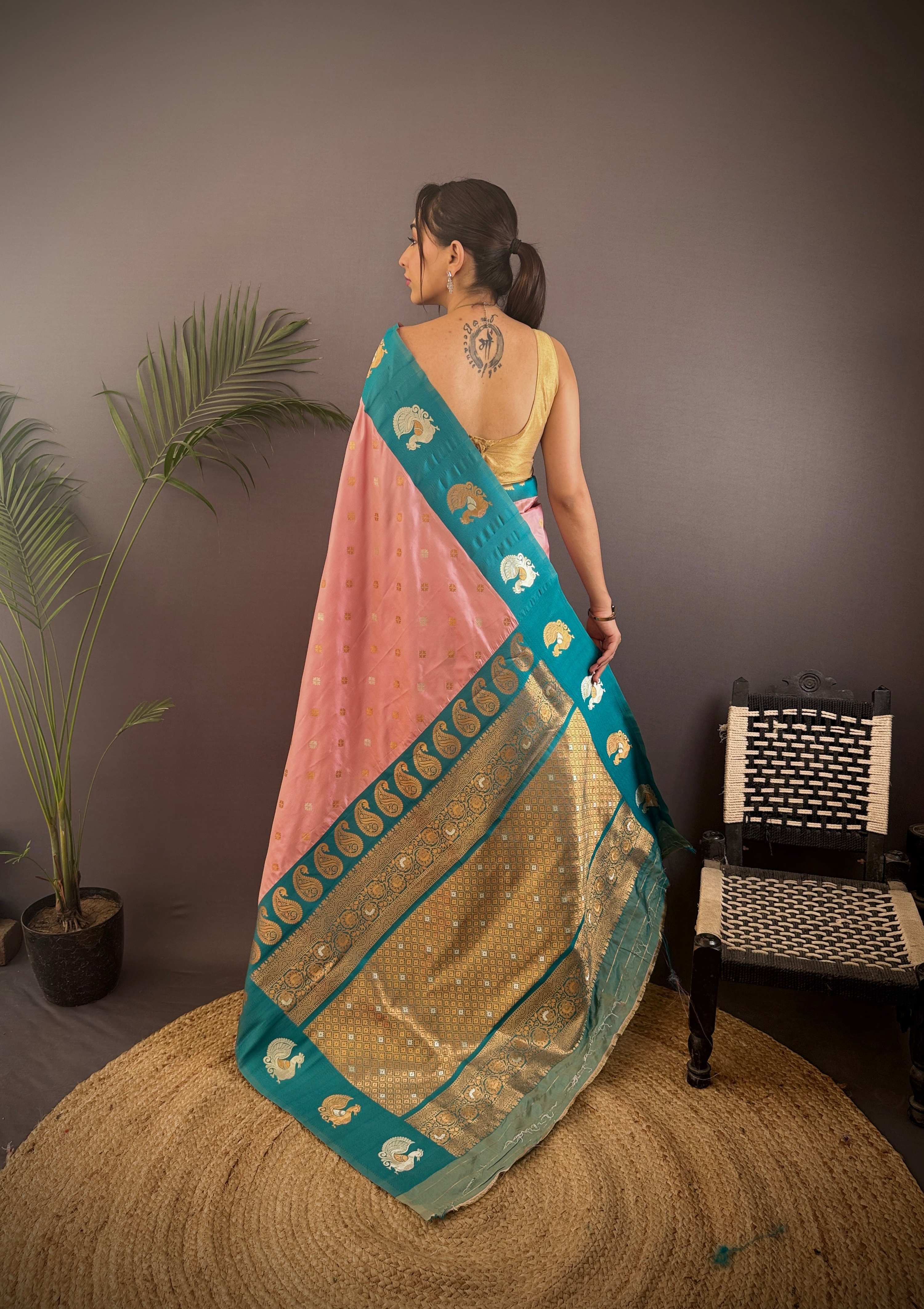 Sonakshi Women's Peach Banarasi Silk Zari Weaving Saree with Blouse