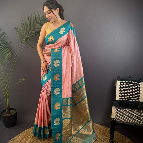 Sonakshi Women's Peach Banarasi Silk Zari Weaving Saree with Blouse - Distacart