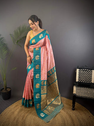 Sonakshi Women's Peach Banarasi Silk Zari Weaving Saree with Blouse