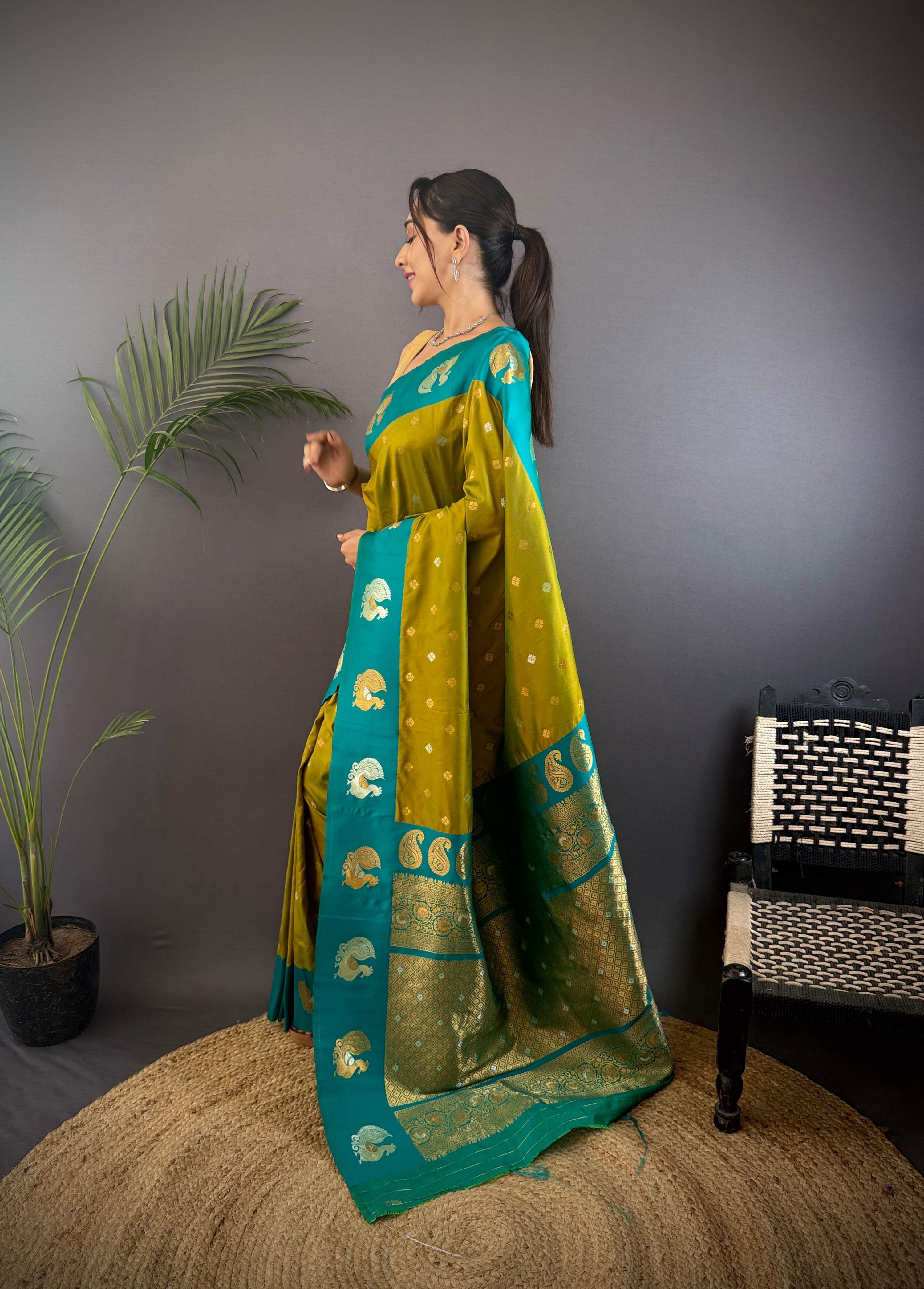 Sonakshi Women's Mehendi Banarasi Silk Zari Weaving Saree with Blouse