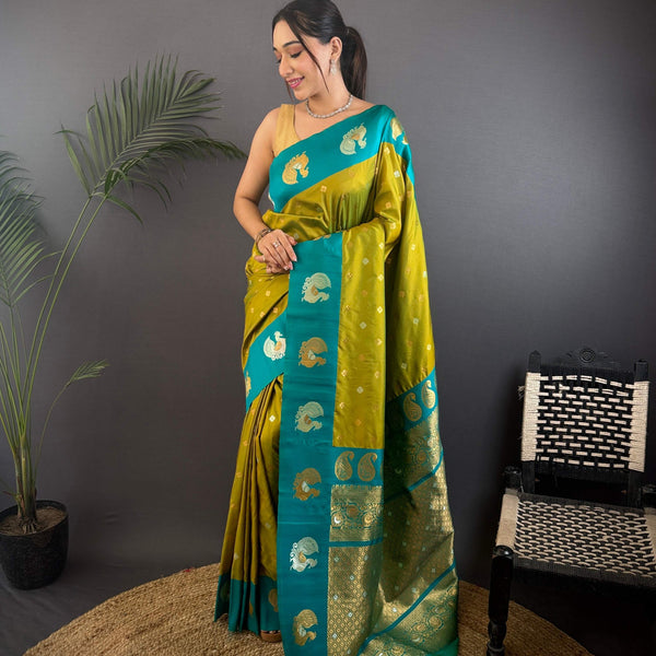 Sonakshi Women's Mehendi Banarasi Silk Zari Weaving Saree with Blouse - Distacart