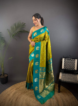 Sonakshi Women's Mehendi Banarasi Silk Zari Weaving Saree with Blouse