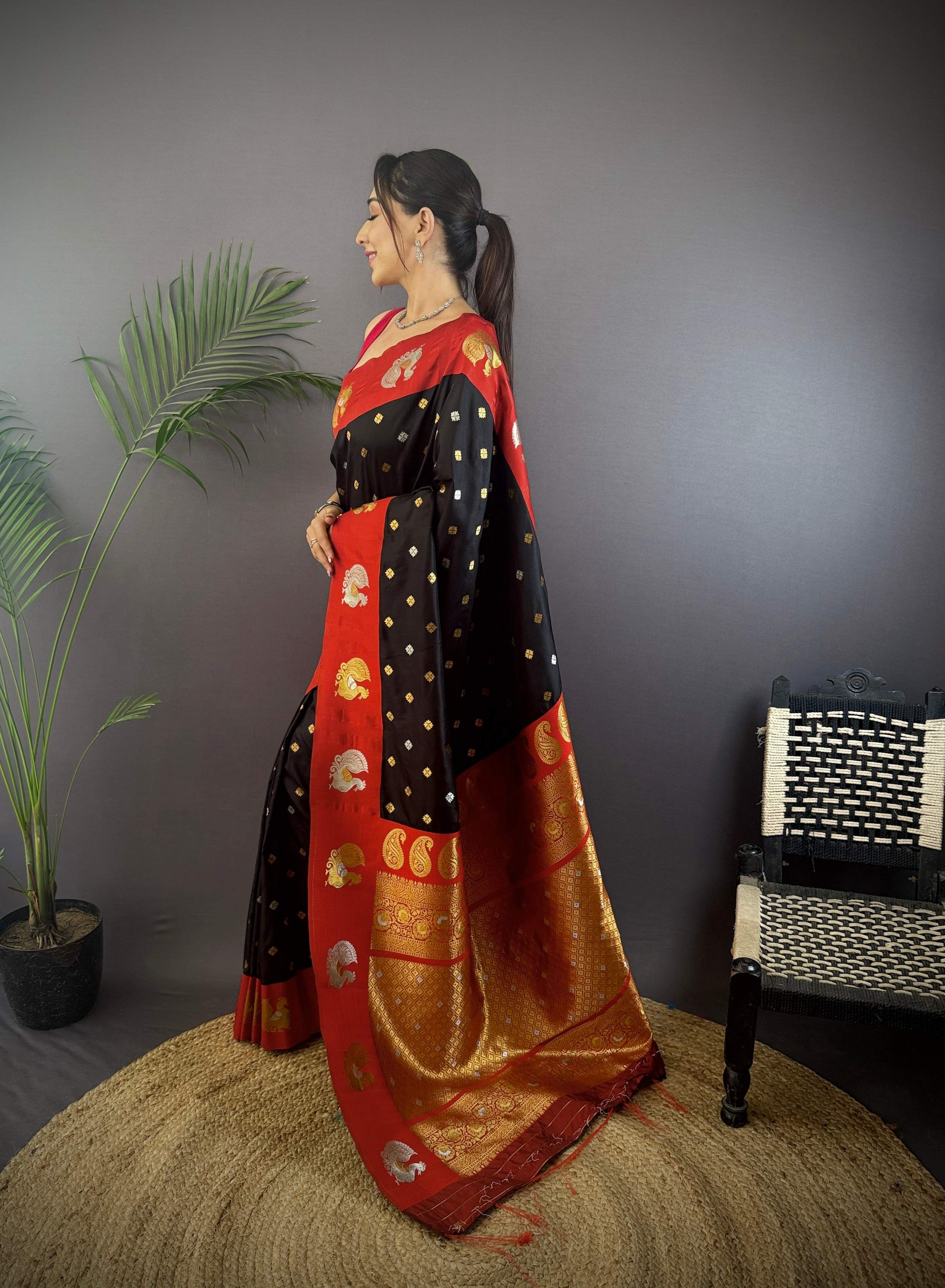 Sonakshi Women's Black Banarasi Silk Zari Weaving Saree with Blouse