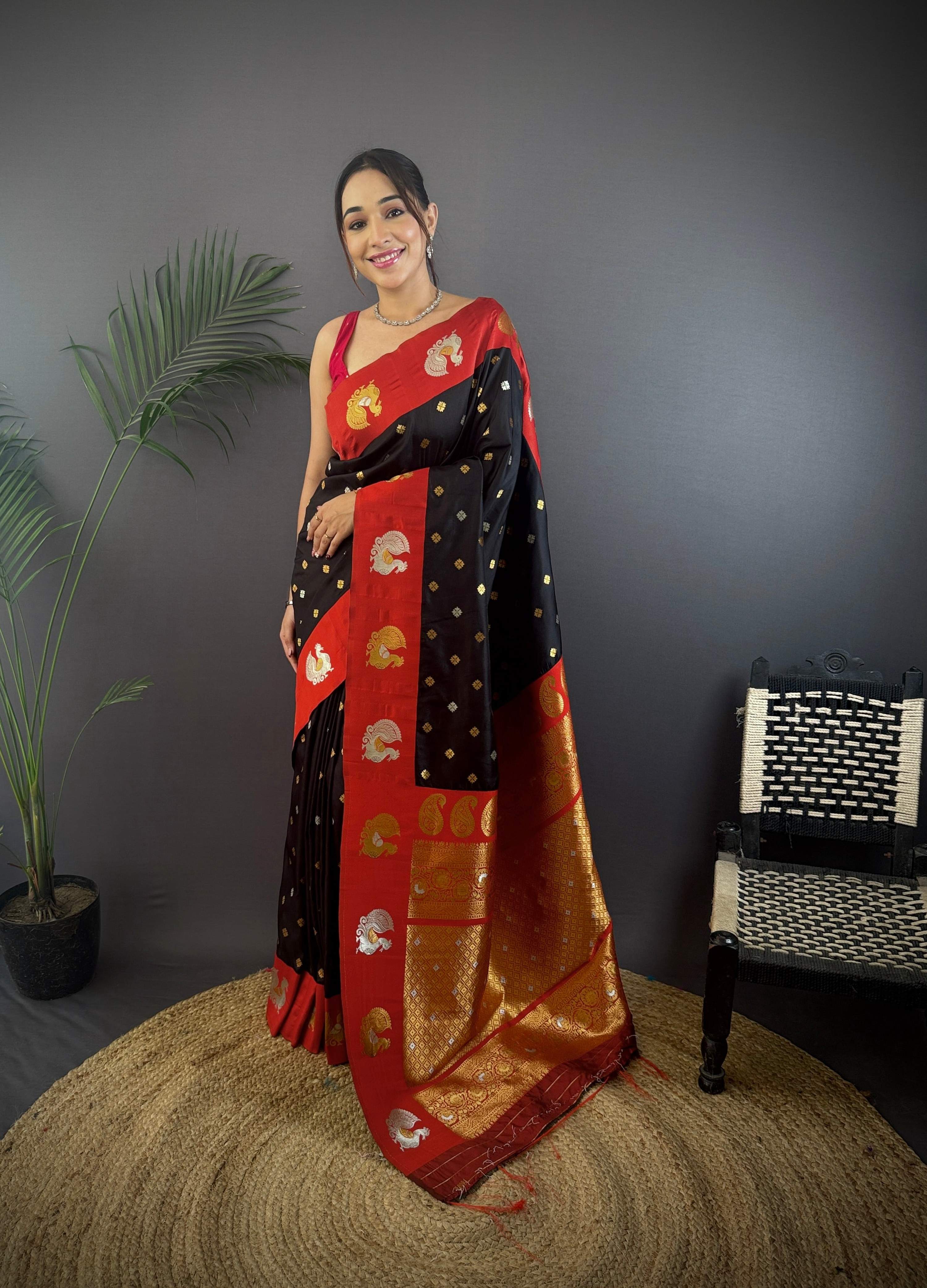 Sonakshi Women's Black Banarasi Silk Zari Weaving Saree with Blouse