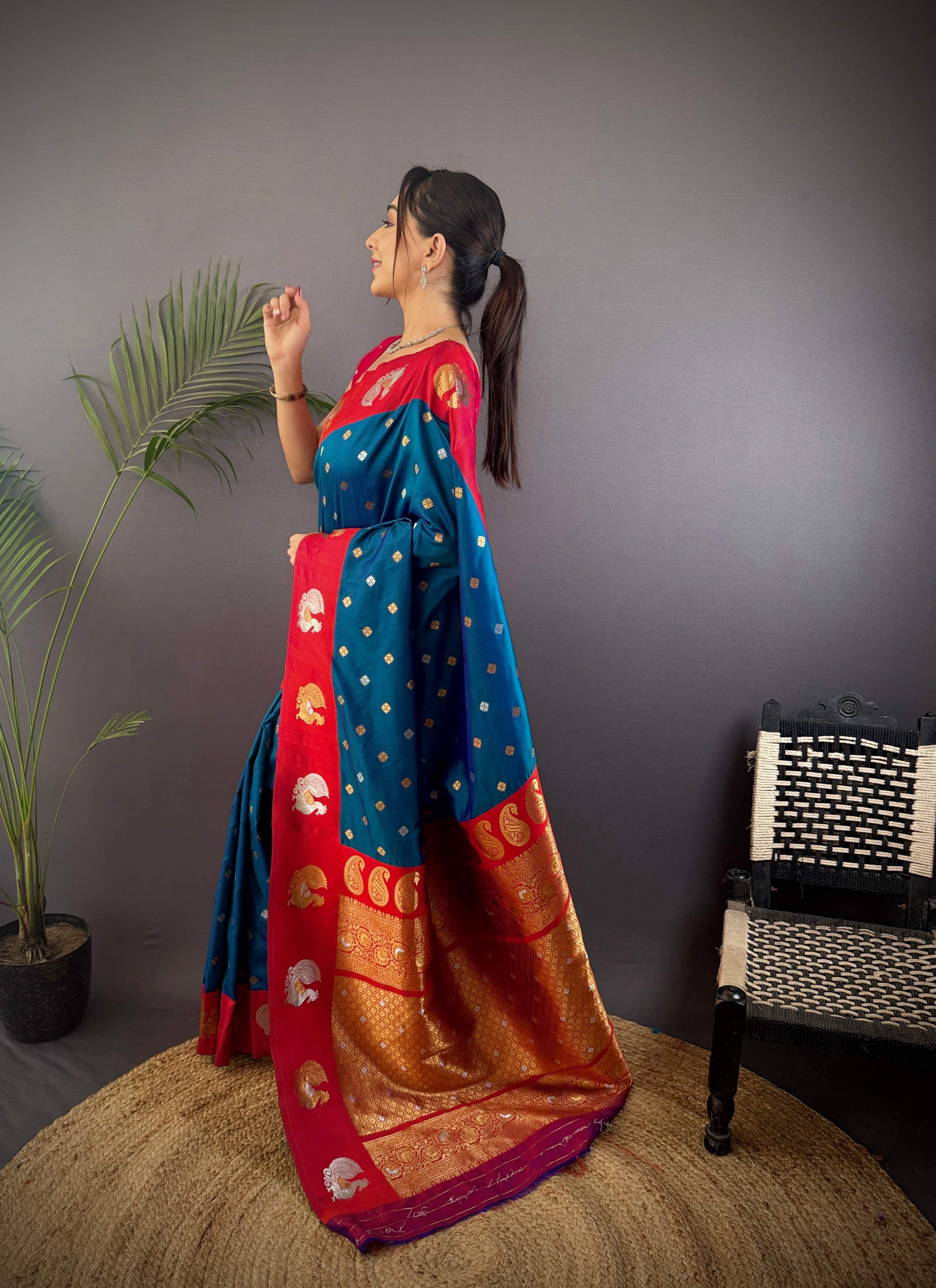 Sonakshi Women's Morepeach Banarasi Silk Zari Weaving Saree with Blouse