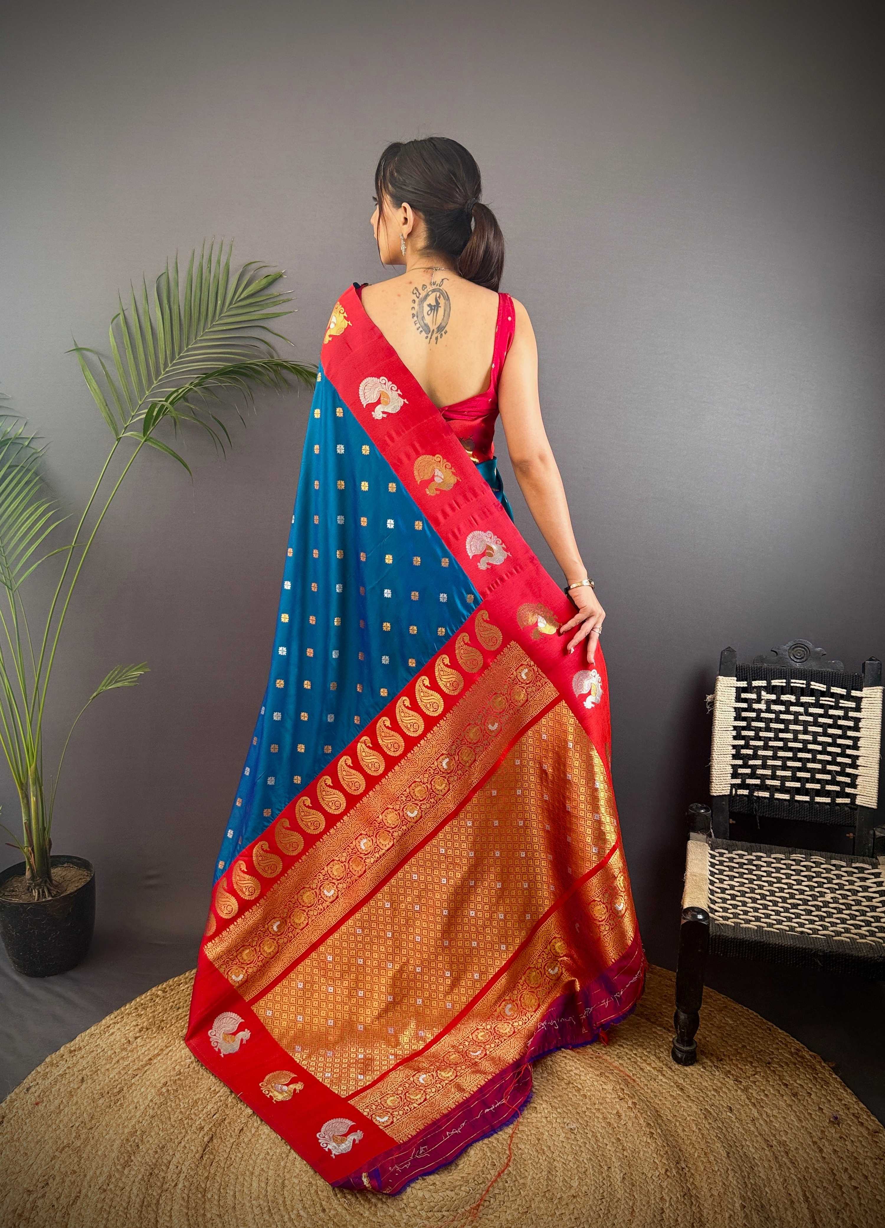 Sonakshi Women's Morepeach Banarasi Silk Zari Weaving Saree with Blouse