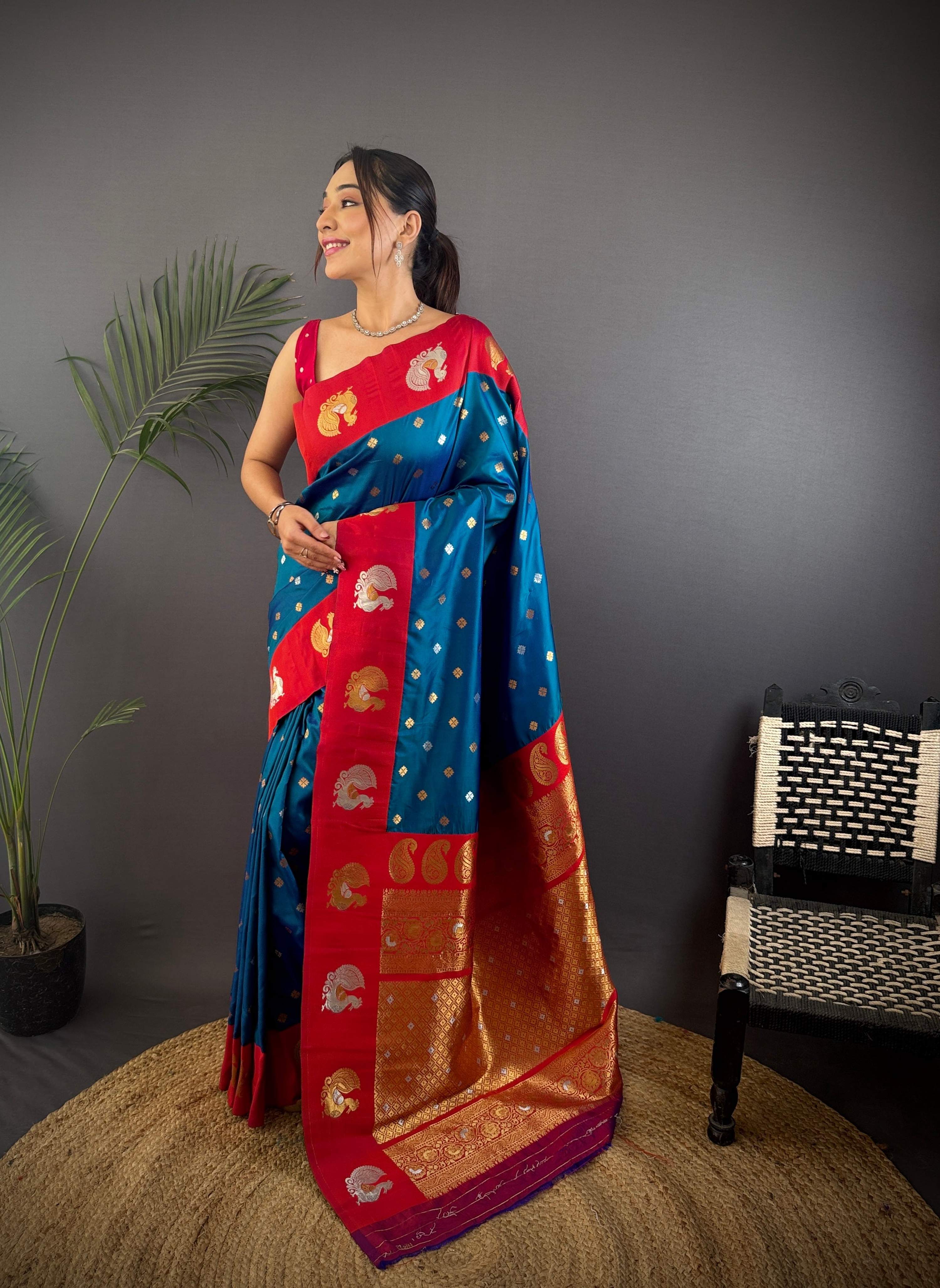 Sonakshi Women's Morepeach Banarasi Silk Zari Weaving Saree with Blouse