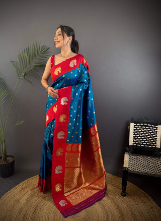 Sonakshi Women's Morepeach Banarasi Silk Zari Weaving Saree with Blouse