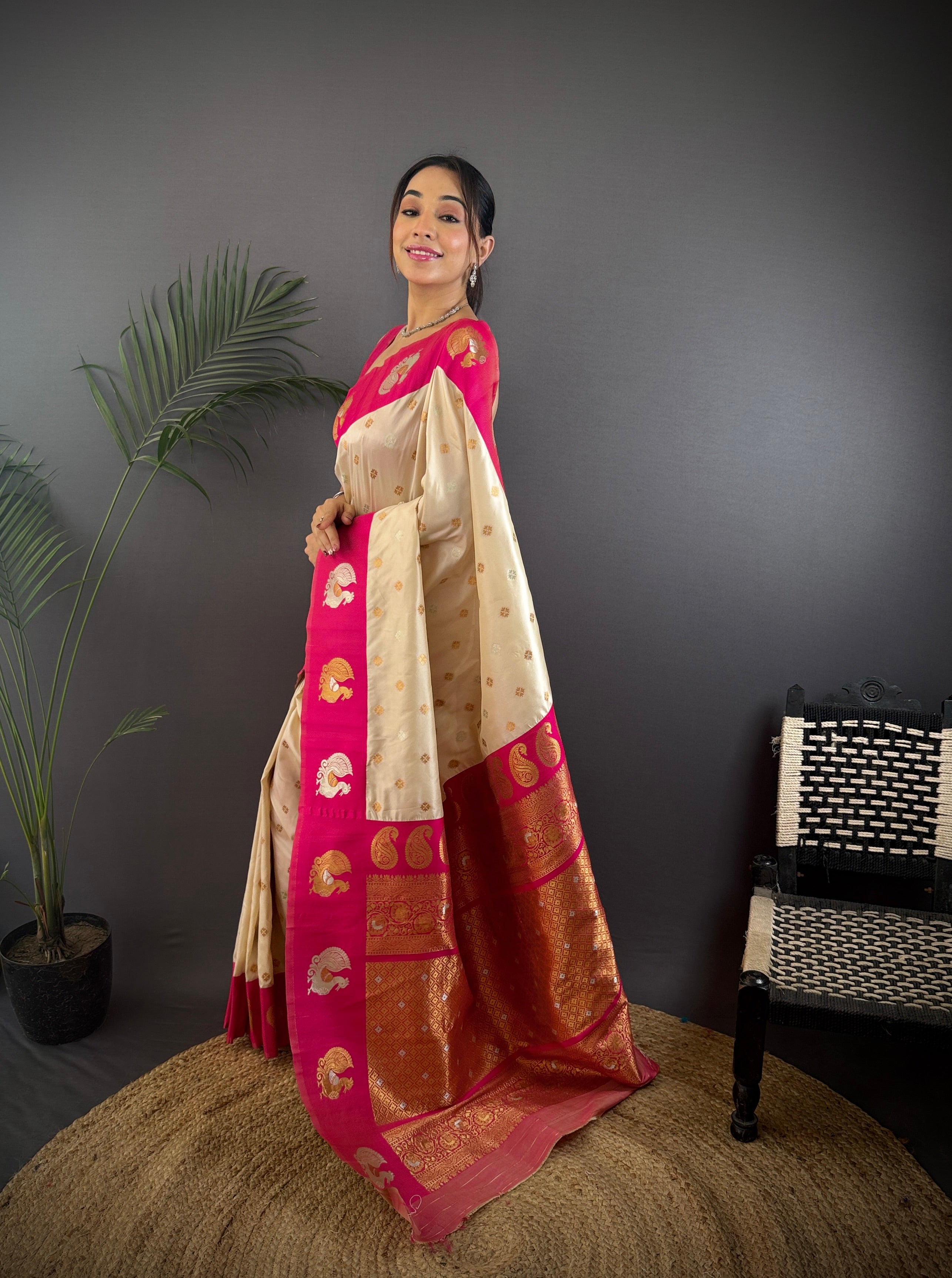 Sonakshi Women's White Banarasi Silk Zari Weaving Saree with Blouse