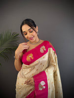 Thumbnail for Sonakshi Women's White Banarasi Silk Zari Weaving Saree with Blouse