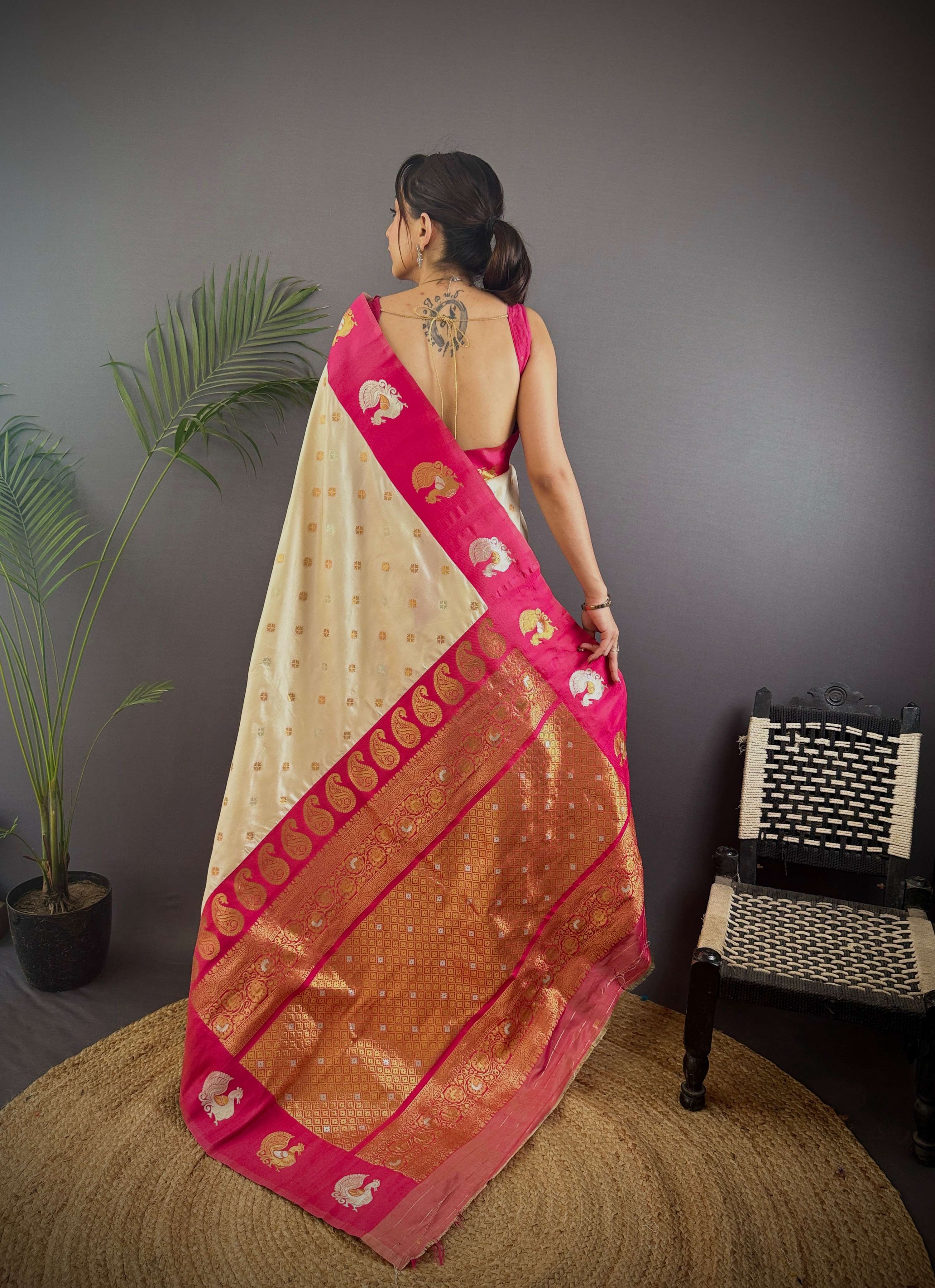 Sonakshi Women's White Banarasi Silk Zari Weaving Saree with Blouse