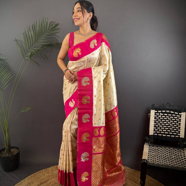 Sonakshi Women's White Banarasi Silk Zari Weaving Saree with Blouse - Distacart