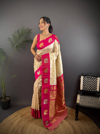 Sonakshi Women's White Banarasi Silk Zari Weaving Saree with Blouse