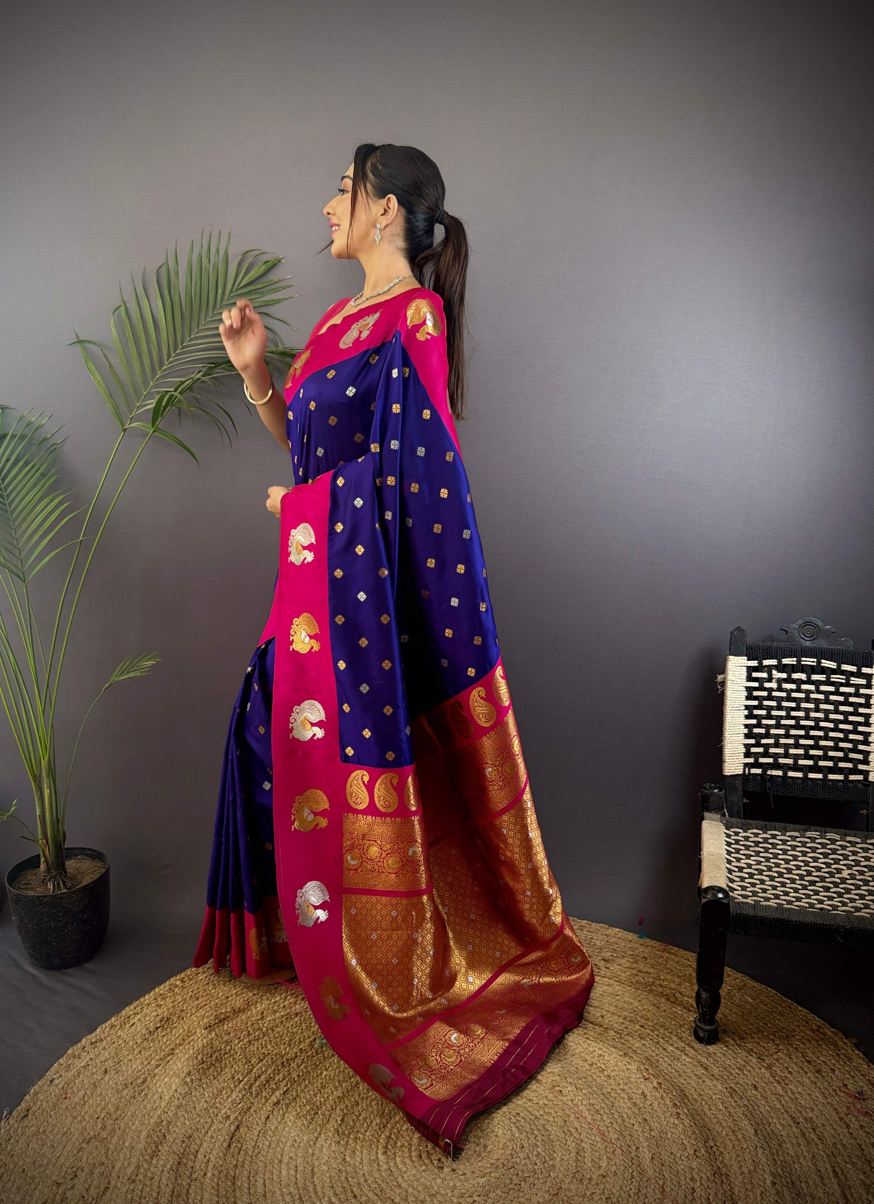 Sonakshi Women's Blue Banarasi Silk Zari Weaving Saree with Blouse