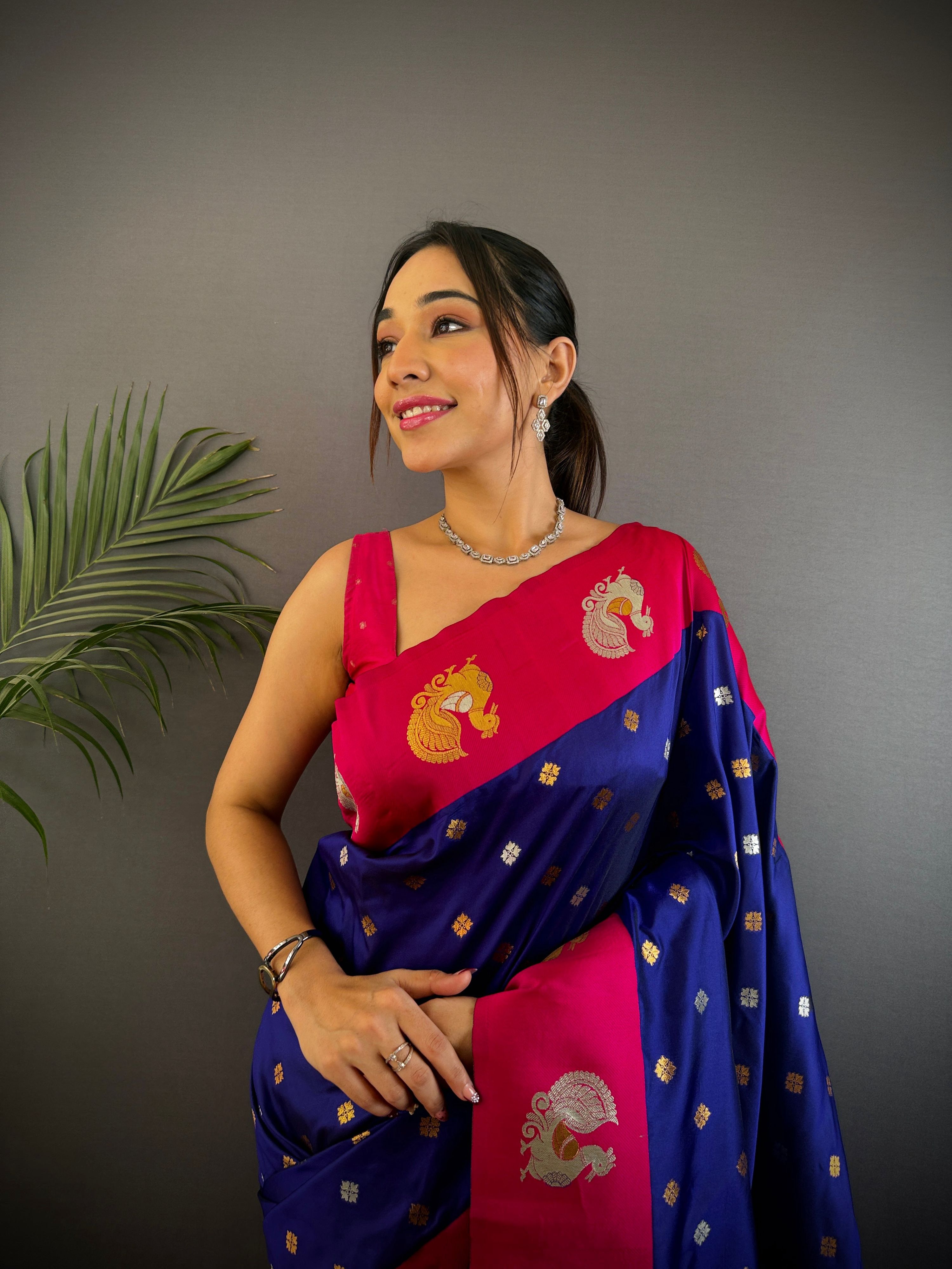Sonakshi Women's Blue Banarasi Silk Zari Weaving Saree with Blouse
