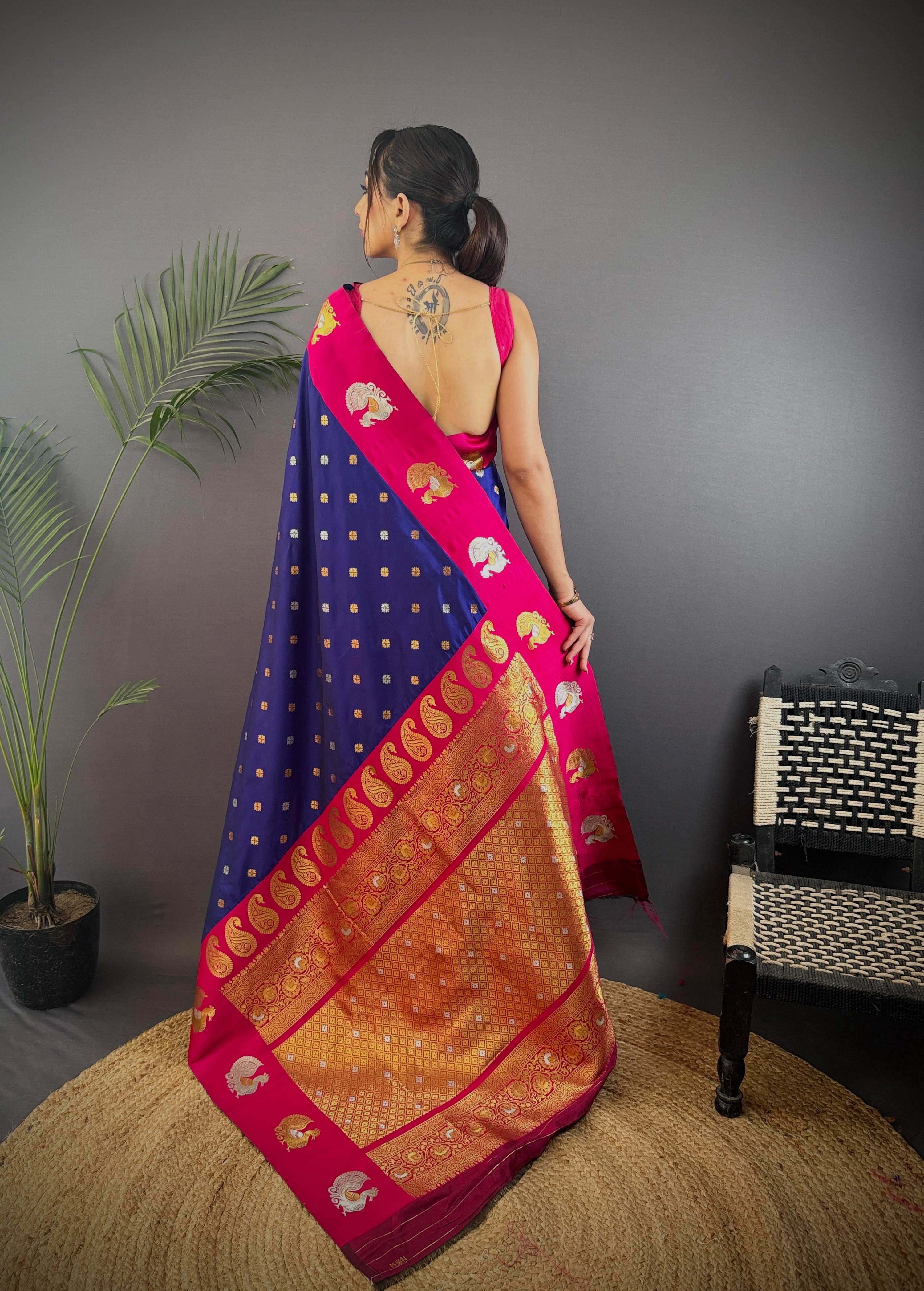 Sonakshi Women's Blue Banarasi Silk Zari Weaving Saree with Blouse