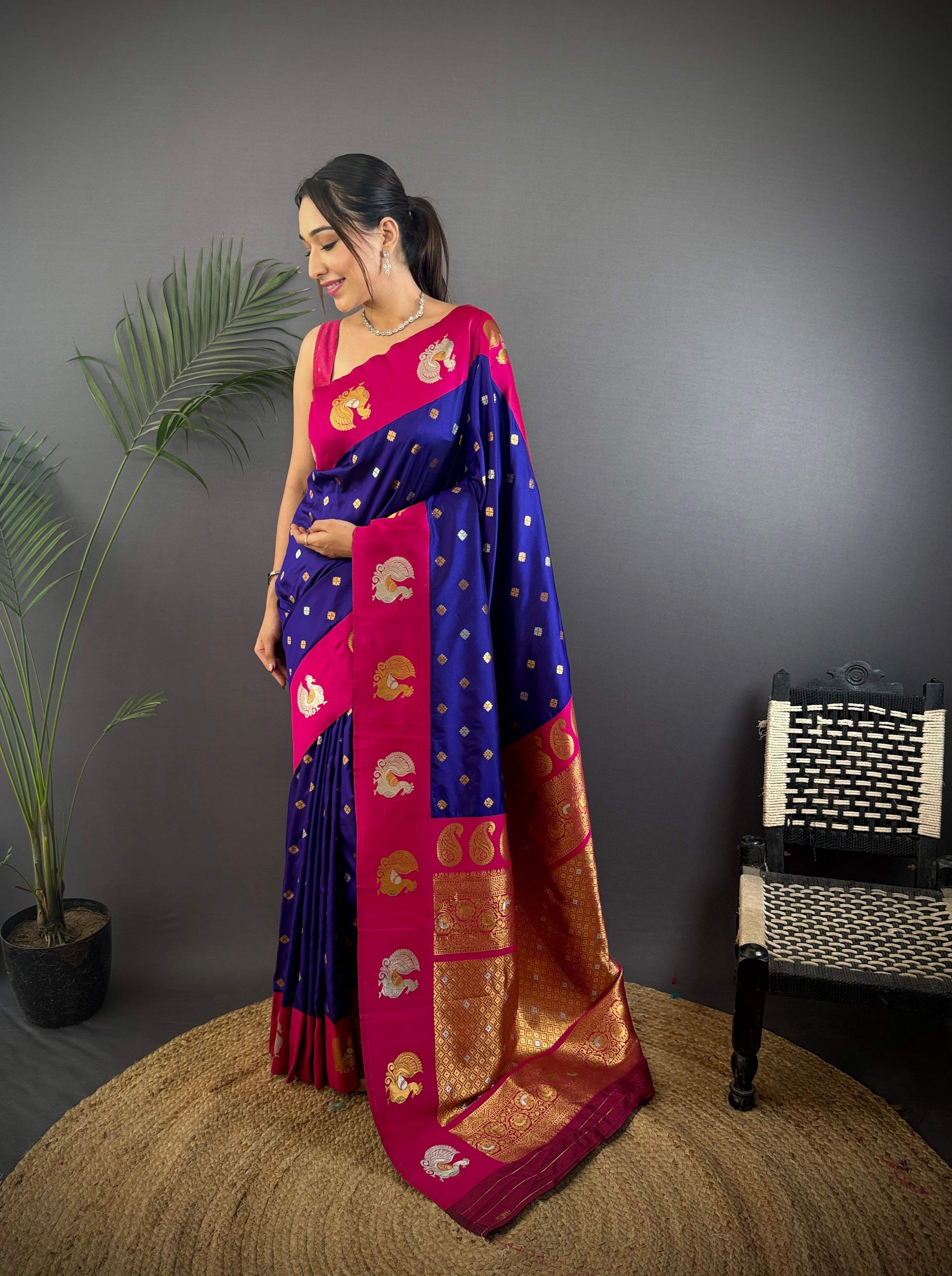 Sonakshi Women's Blue Banarasi Silk Zari Weaving Saree with Blouse