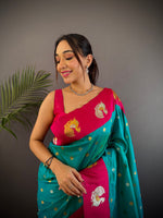 Thumbnail for Sonakshi Women's Seagreen Banarasi Silk Zari Weaving Saree with Blouse