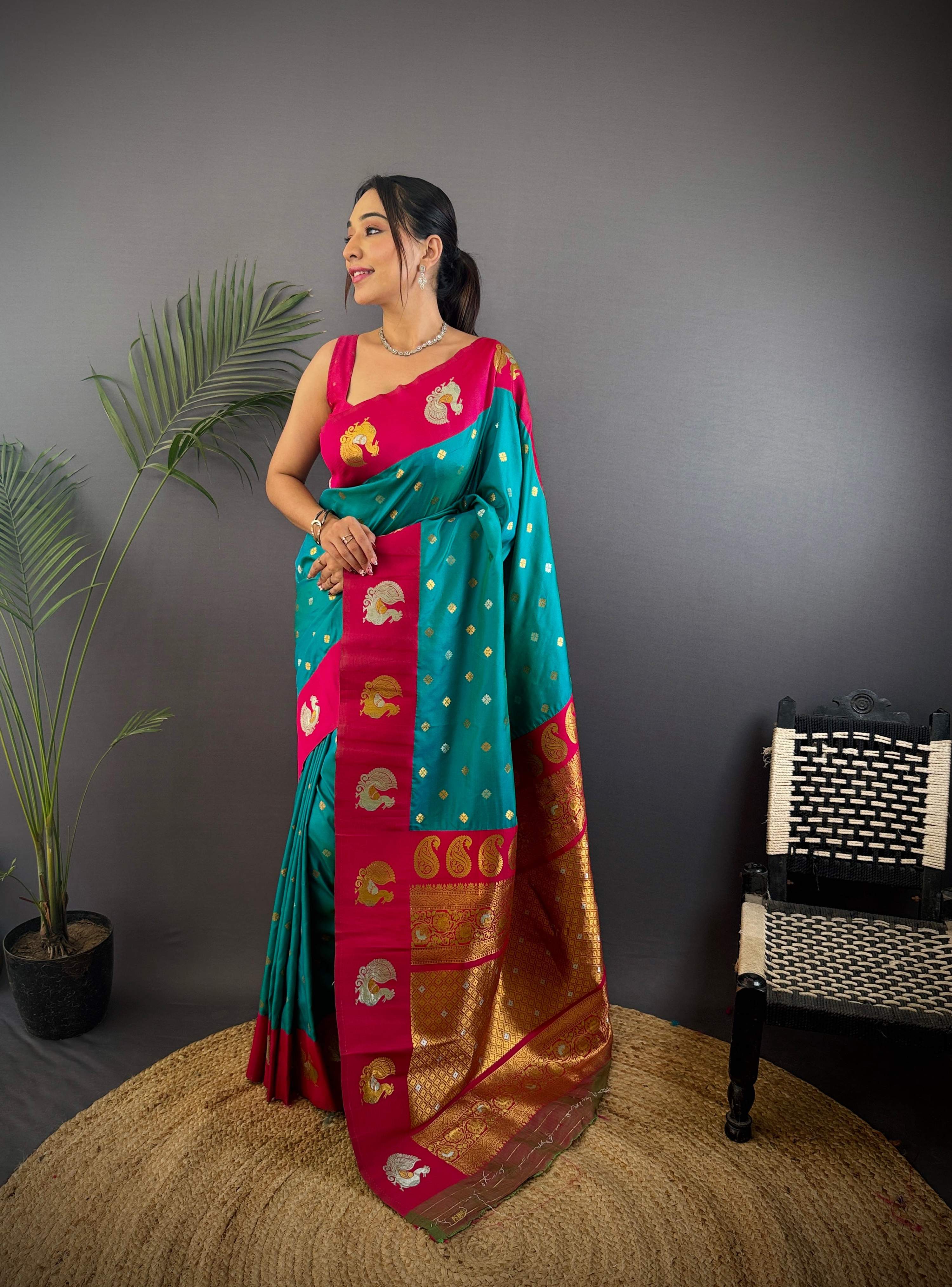 Sonakshi Women's Seagreen Banarasi Silk Zari Weaving Saree with Blouse