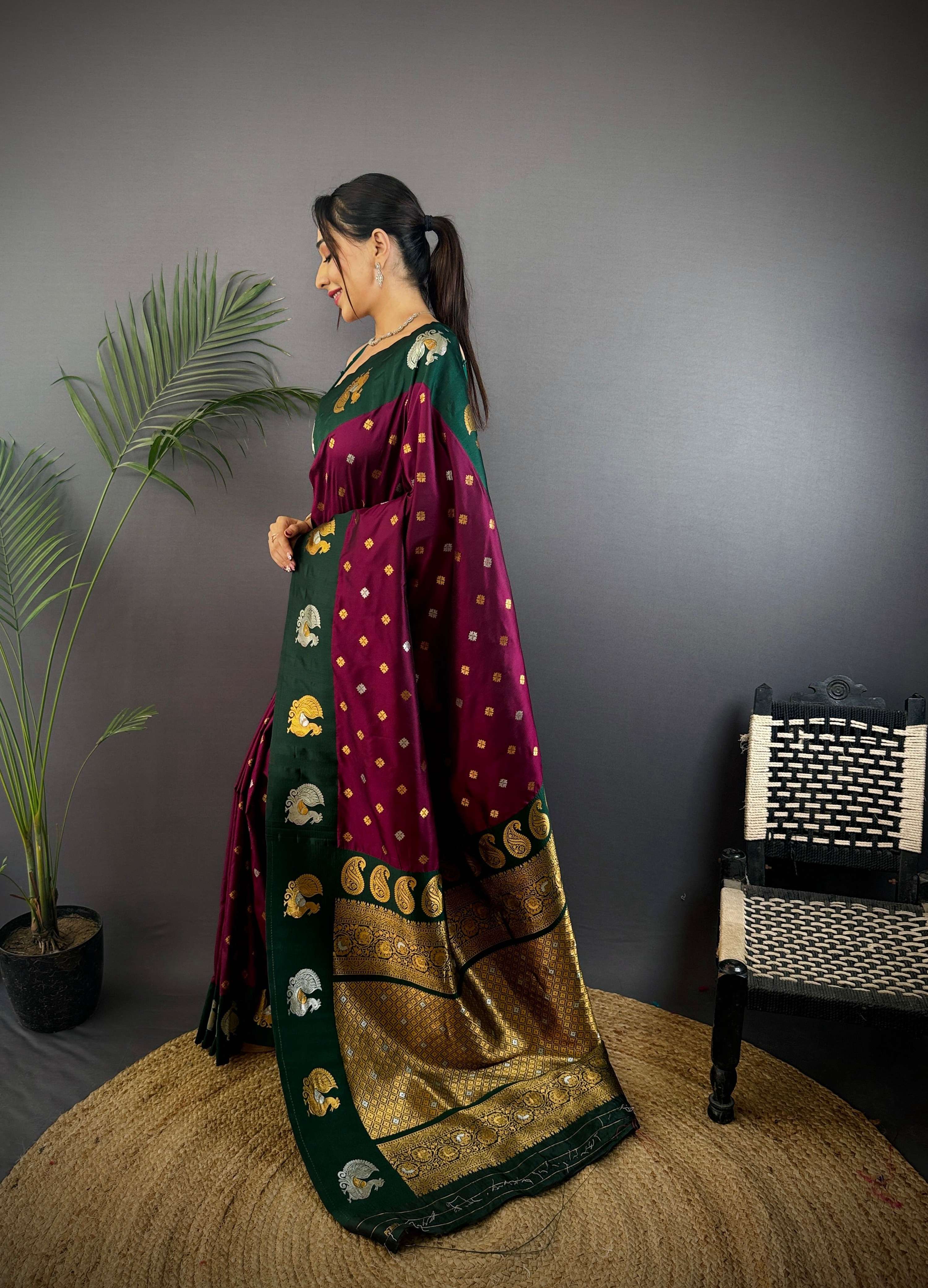 Sonakshi Women's Wine Banarasi Silk Zari Weaving Saree with Blouse