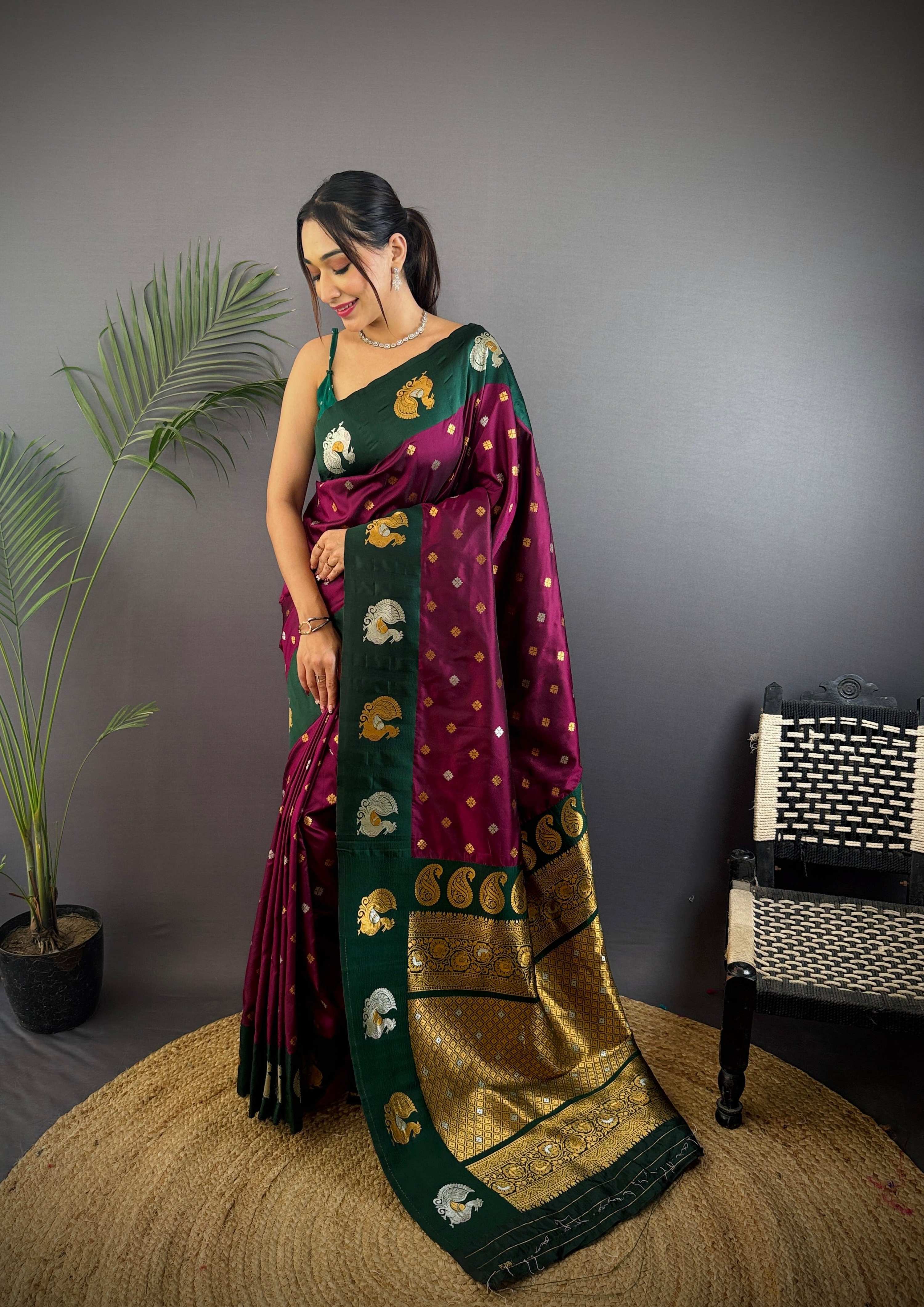 Sonakshi Women's Wine Banarasi Silk Zari Weaving Saree with Blouse