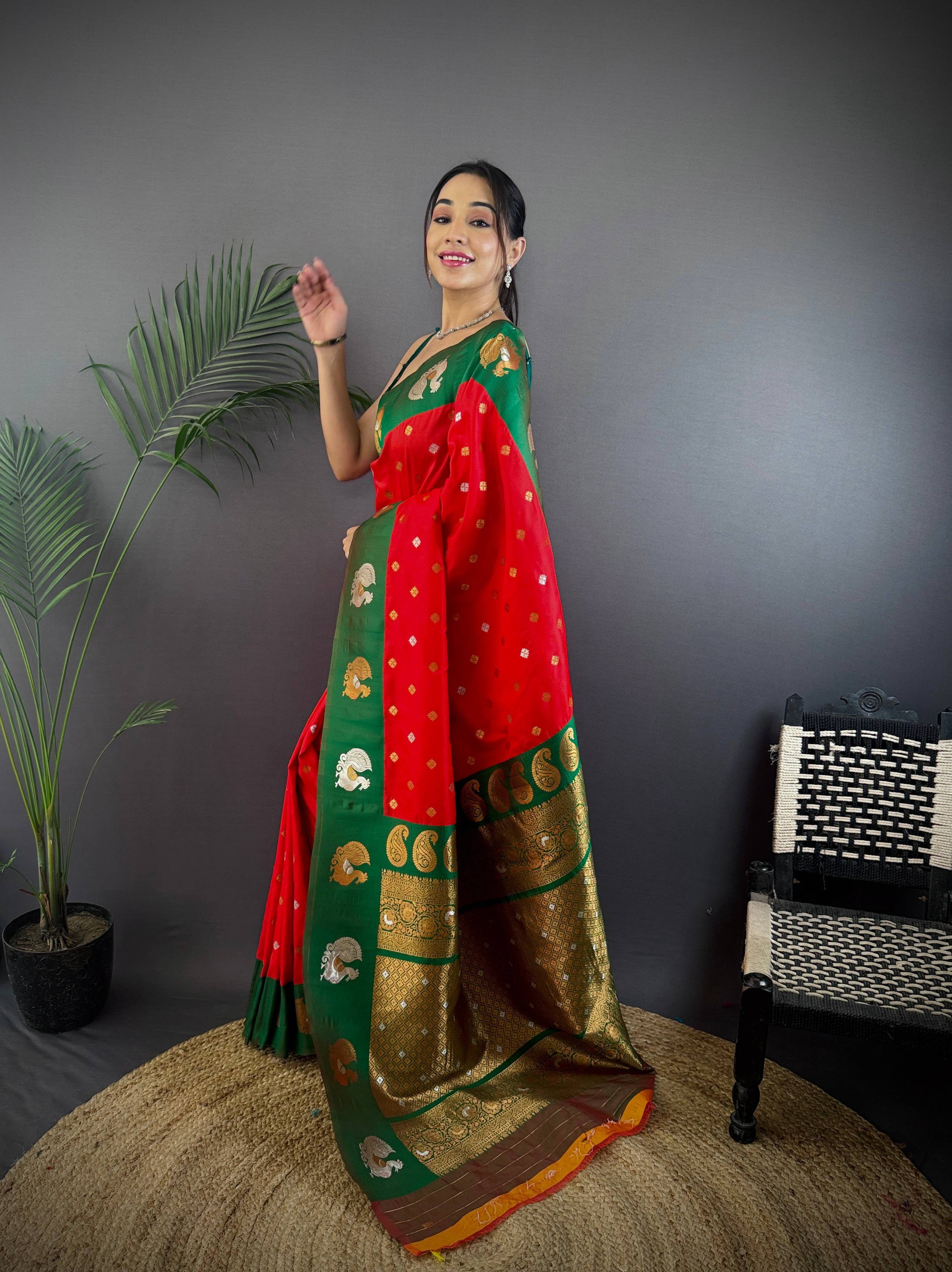 Sonakshi Women's Red Banarasi Silk Zari Weaving Saree with Blouse