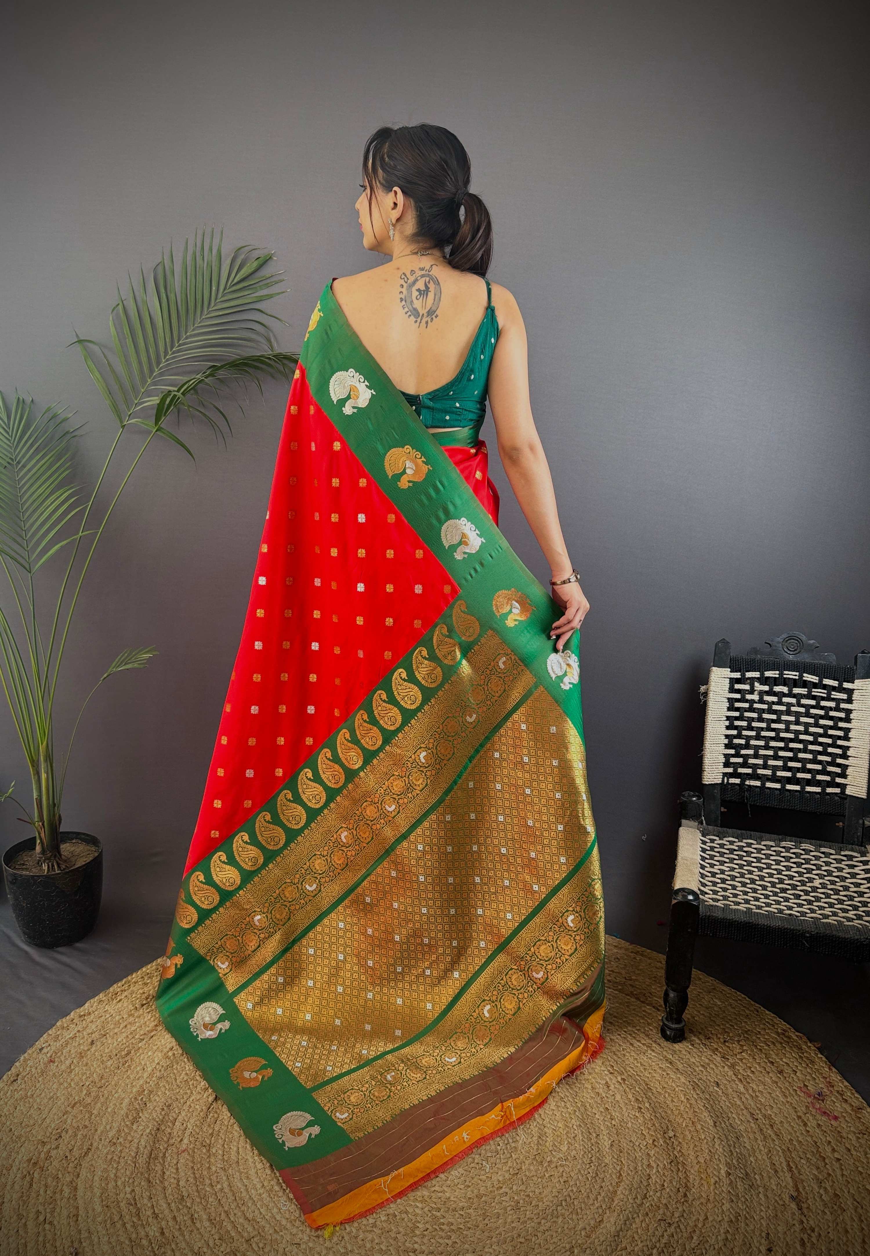 Sonakshi Women's Red Banarasi Silk Zari Weaving Saree with Blouse