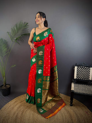 Sonakshi Women's Red Banarasi Silk Zari Weaving Saree with Blouse