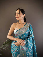 Thumbnail for Sonakshi Women's Teal Banarasi Silk Zari Weaving Saree with Blouse