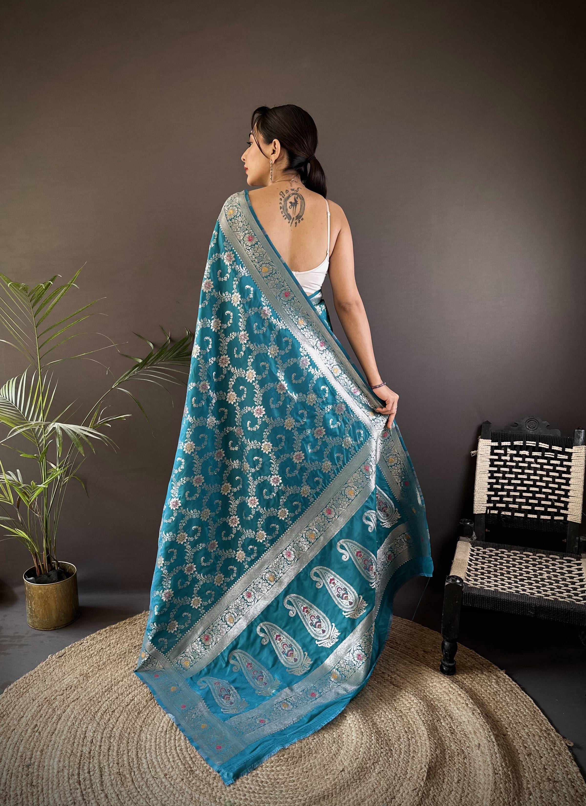 Sonakshi Women's Teal Banarasi Silk Zari Weaving Saree with Blouse