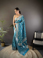 Thumbnail for Sonakshi Women's Teal Banarasi Silk Zari Weaving Saree with Blouse
