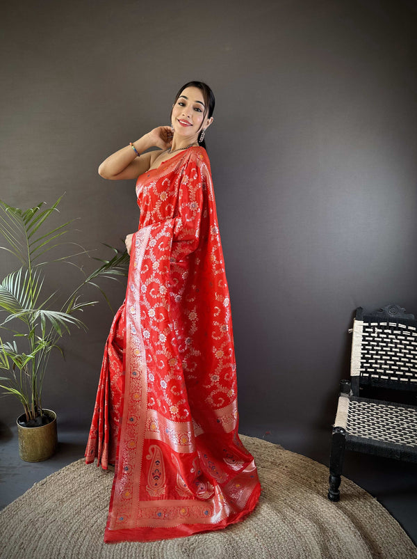 Sonakshi Women's Red Banarasi Silk Zari Weaving Saree with Blouse