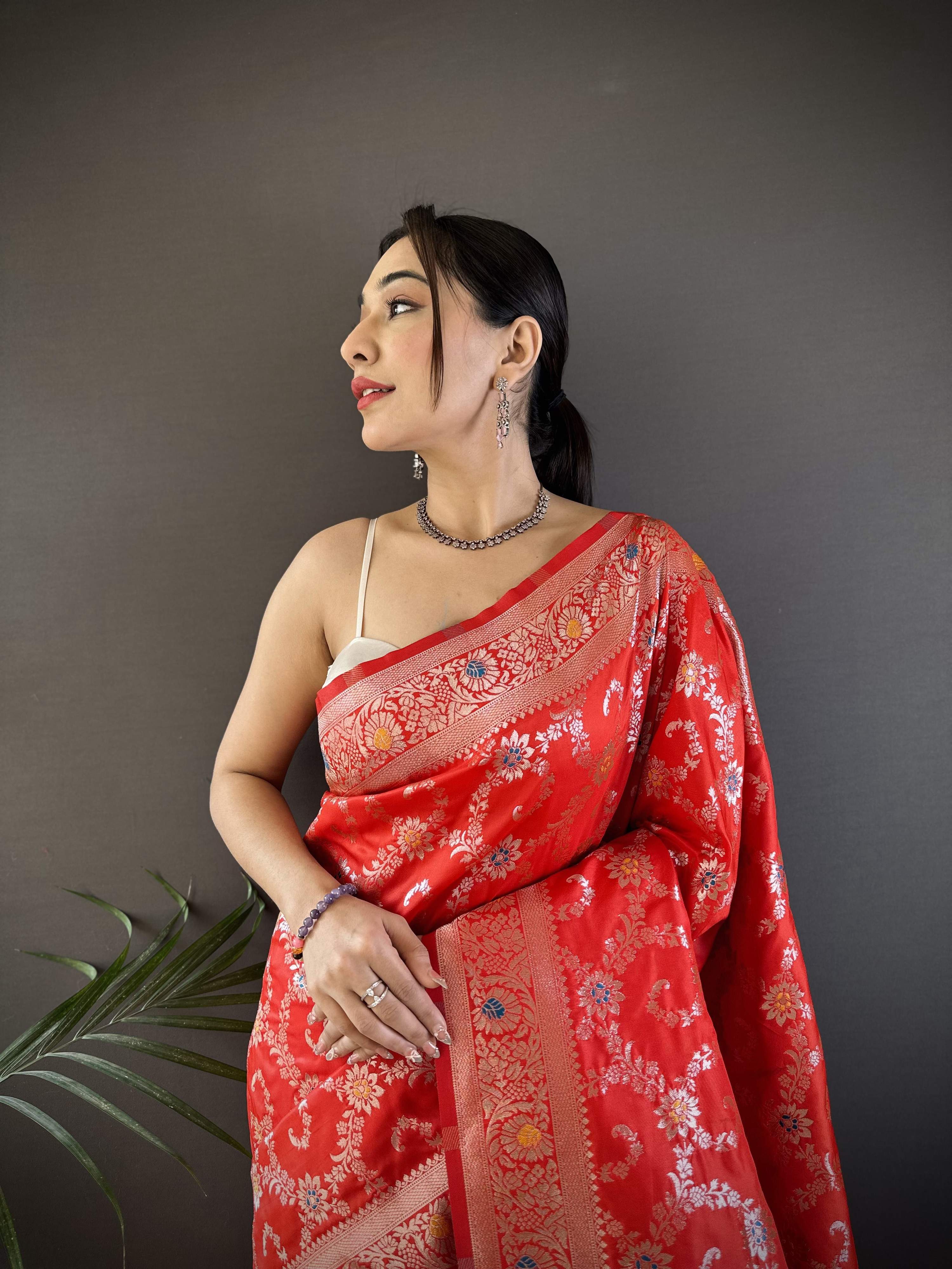 Sonakshi Women's Red Banarasi Silk Zari Weaving Saree with Blouse