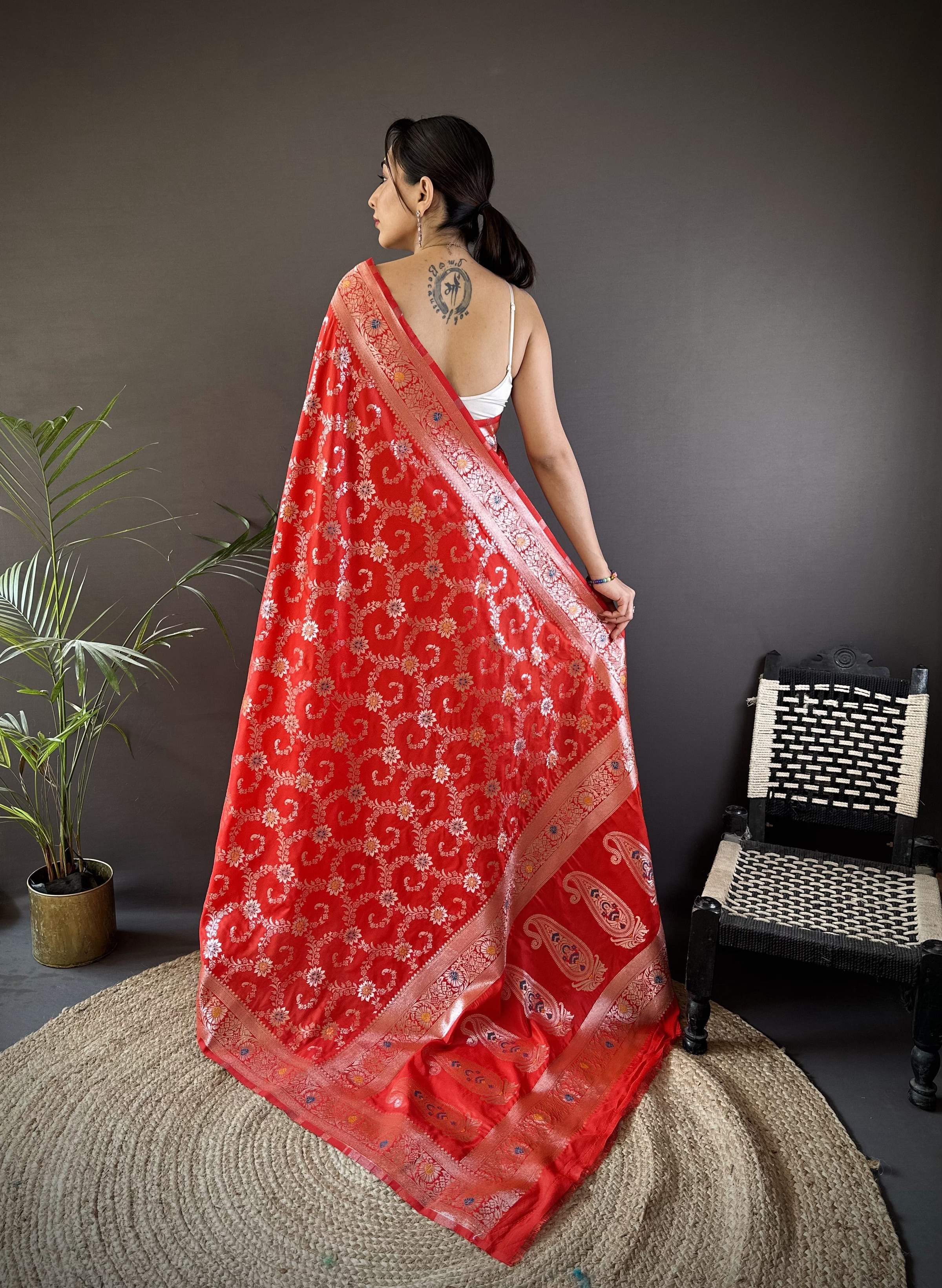 Sonakshi Women's Red Banarasi Silk Zari Weaving Saree with Blouse