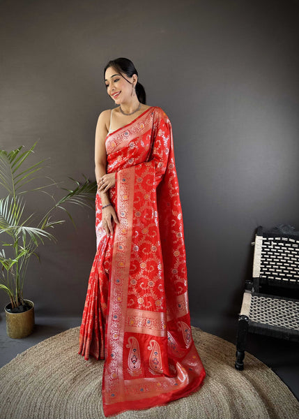 Sonakshi Women's Red Banarasi Silk Zari Weaving Saree with Blouse