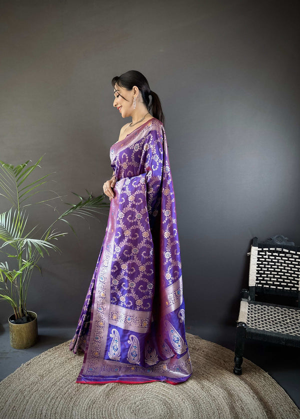 Sonakshi Women's Purple Banarasi Silk Zari Weaving Saree with Blouse