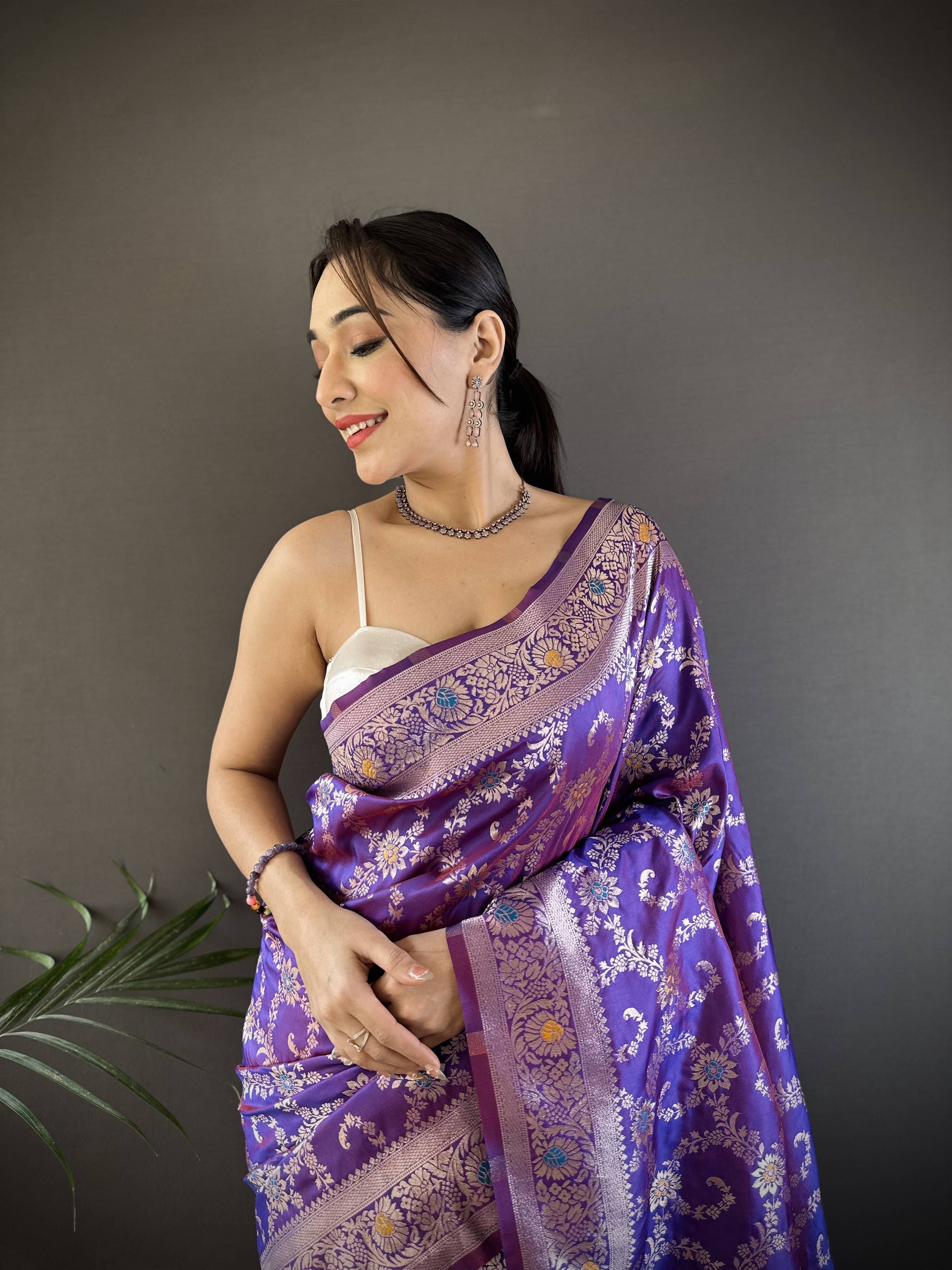 Sonakshi Women's Purple Banarasi Silk Zari Weaving Saree with Blouse