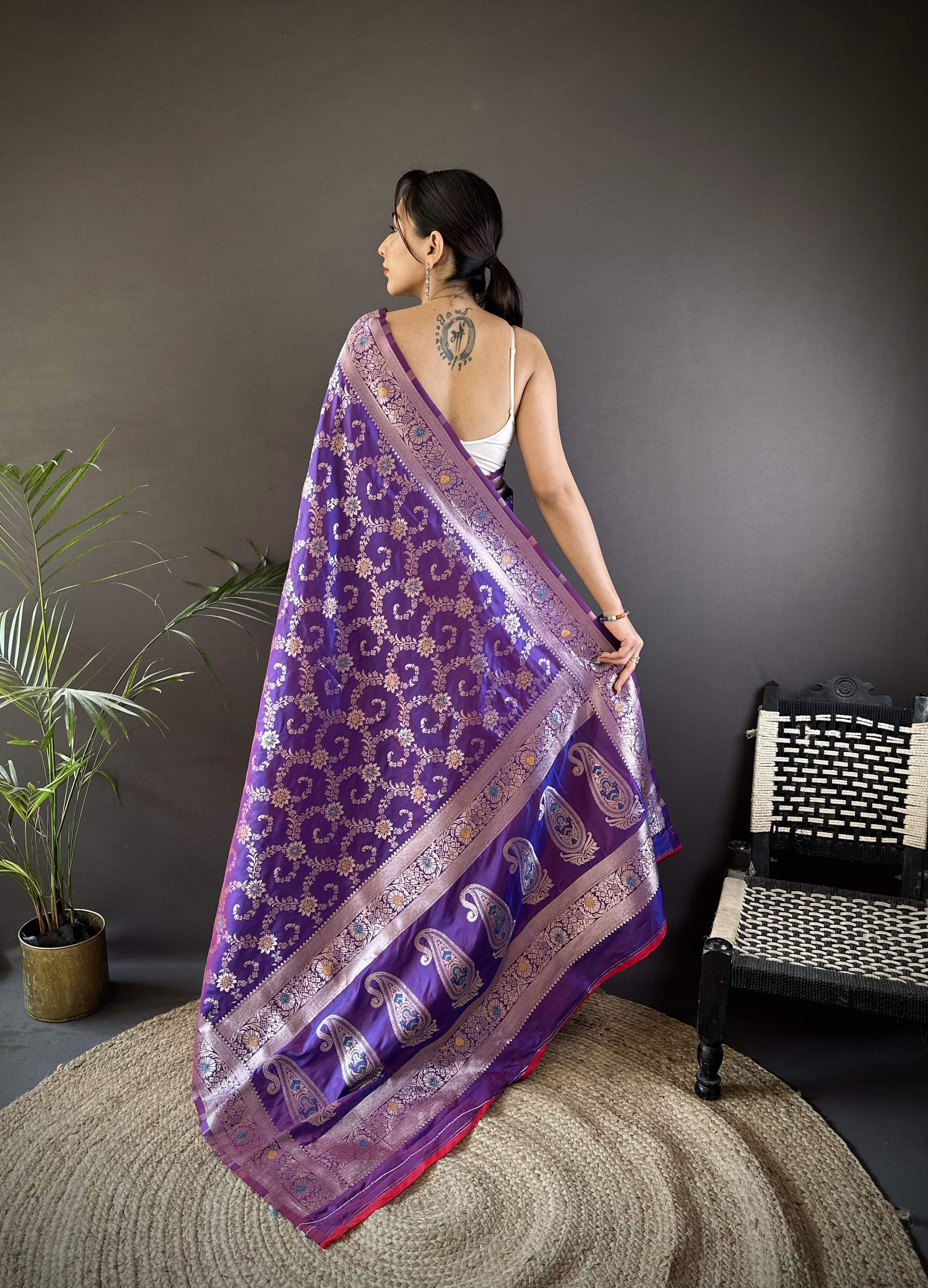Sonakshi Women's Purple Banarasi Silk Zari Weaving Saree with Blouse
