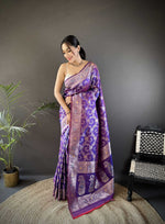 Thumbnail for Sonakshi Women's Purple Banarasi Silk Zari Weaving Saree with Blouse