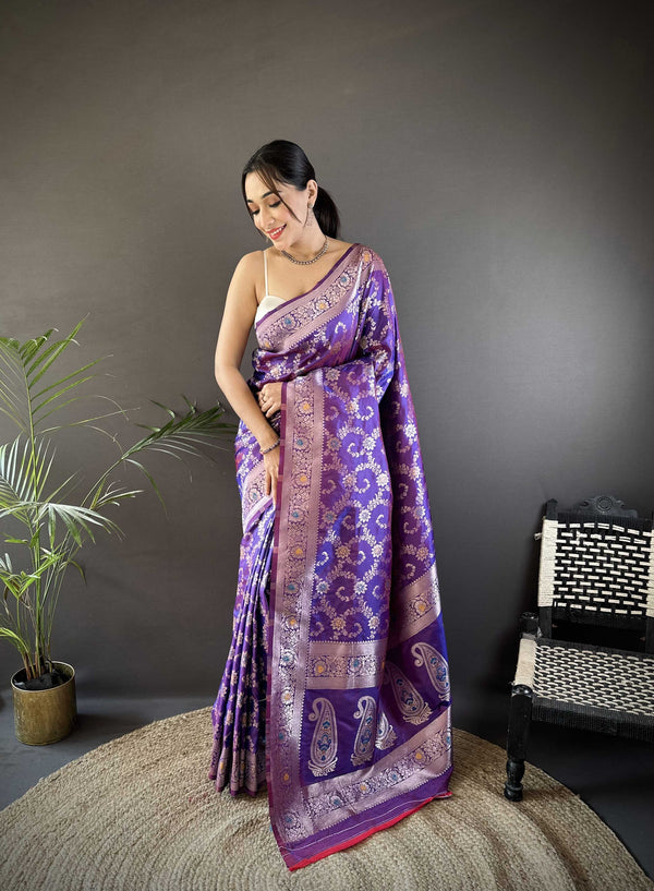 Sonakshi Women's Purple Banarasi Silk Zari Weaving Saree with Blouse