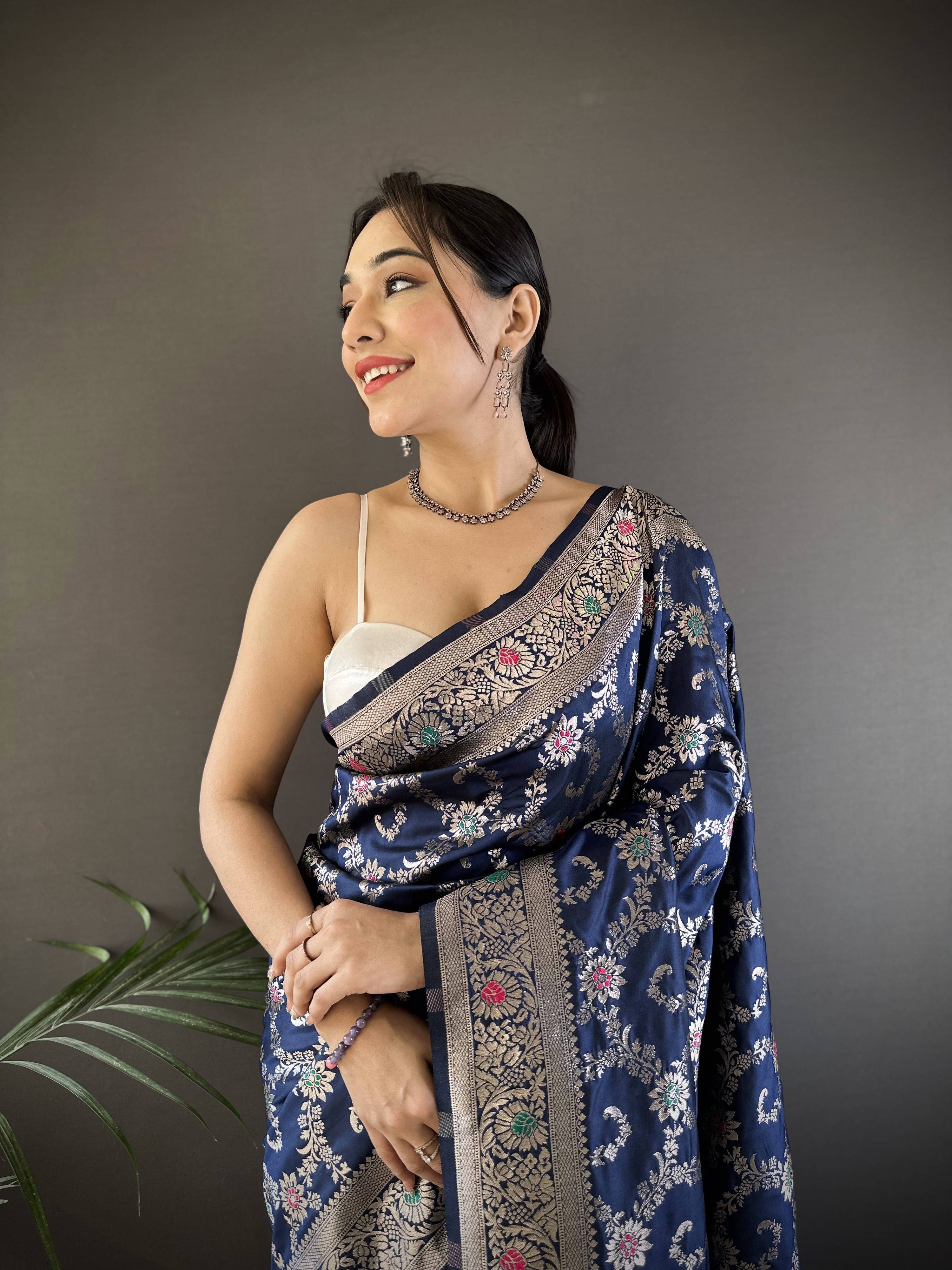 Sonakshi Women's Navy Blue Banarasi Silk Zari Weaving Saree with Blouse