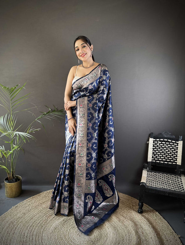 Sonakshi Women's Navy Blue Banarasi Silk Zari Weaving Saree with Blouse