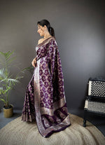 Thumbnail for Sonakshi Women's Wine Banarasi Silk Zari Weaving Saree with Blouse
