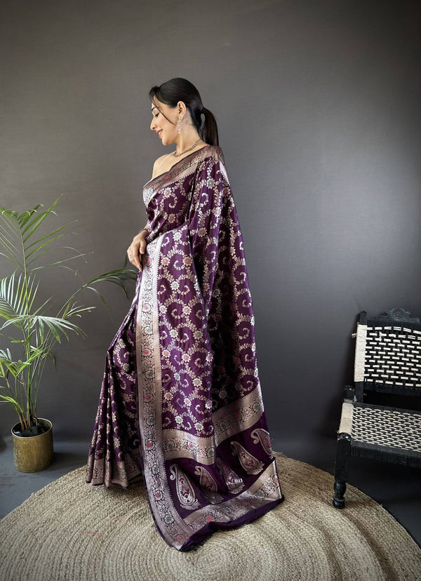 Sonakshi Women's Wine Banarasi Silk Zari Weaving Saree with Blouse