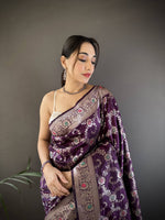 Thumbnail for Sonakshi Women's Wine Banarasi Silk Zari Weaving Saree with Blouse