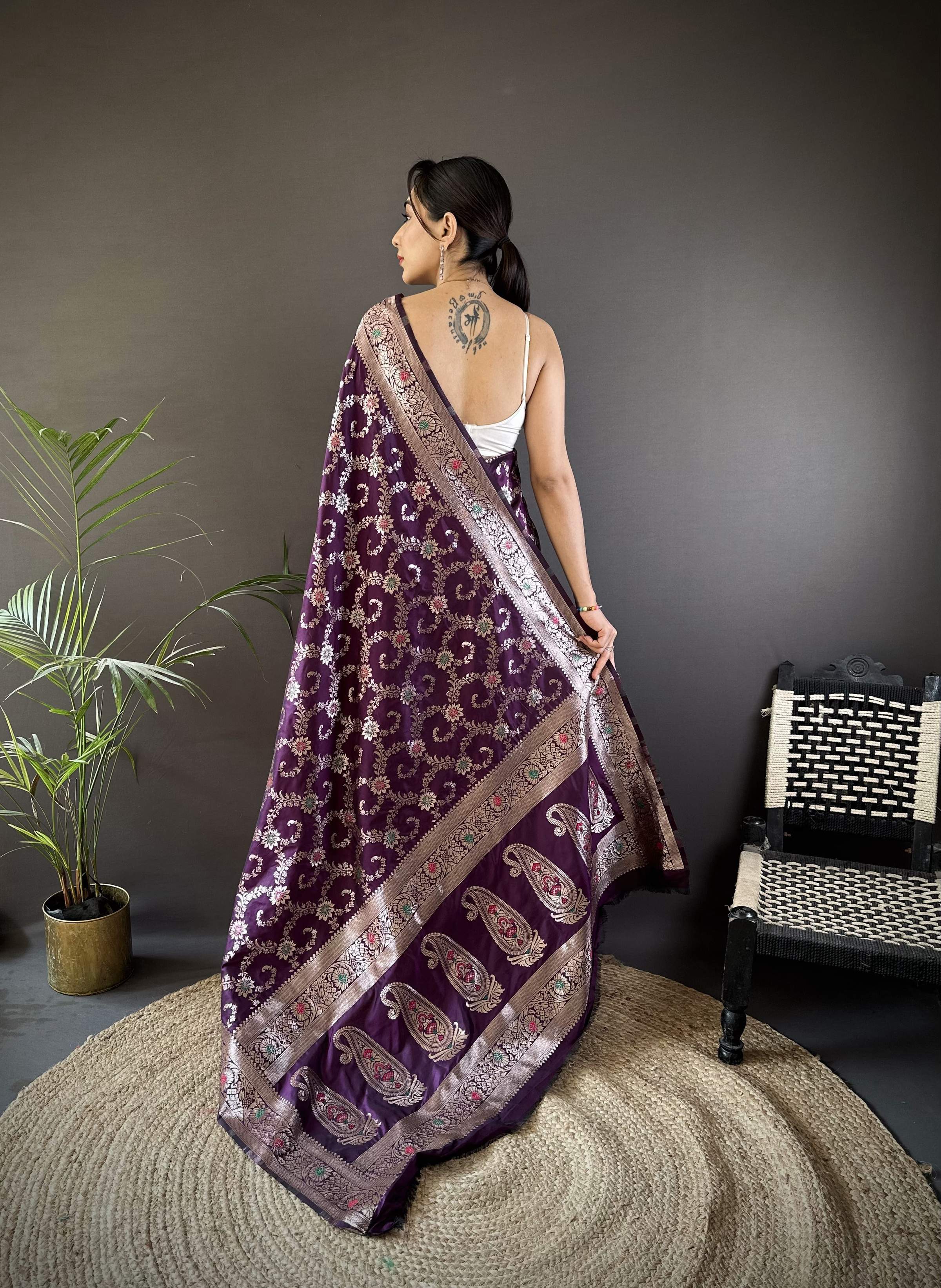 Sonakshi Women's Wine Banarasi Silk Zari Weaving Saree with Blouse