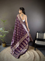 Thumbnail for Sonakshi Women's Wine Banarasi Silk Zari Weaving Saree with Blouse